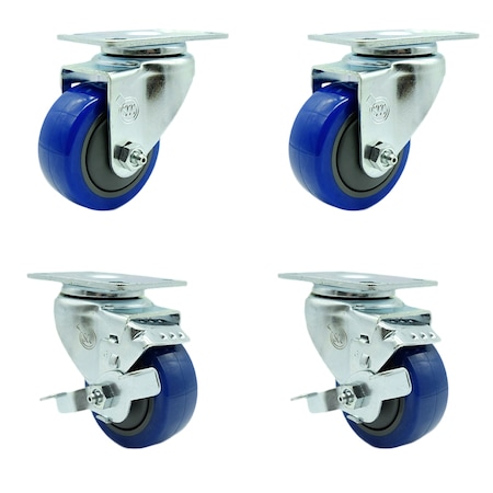 Service Caster 3.5 Inch Blue Polyurethane Wheel Swivel Top Plate Caster Set with 2 Brakes SCC SCC-20S3514-PPUB-BLUE-TP2-2-TLB-2